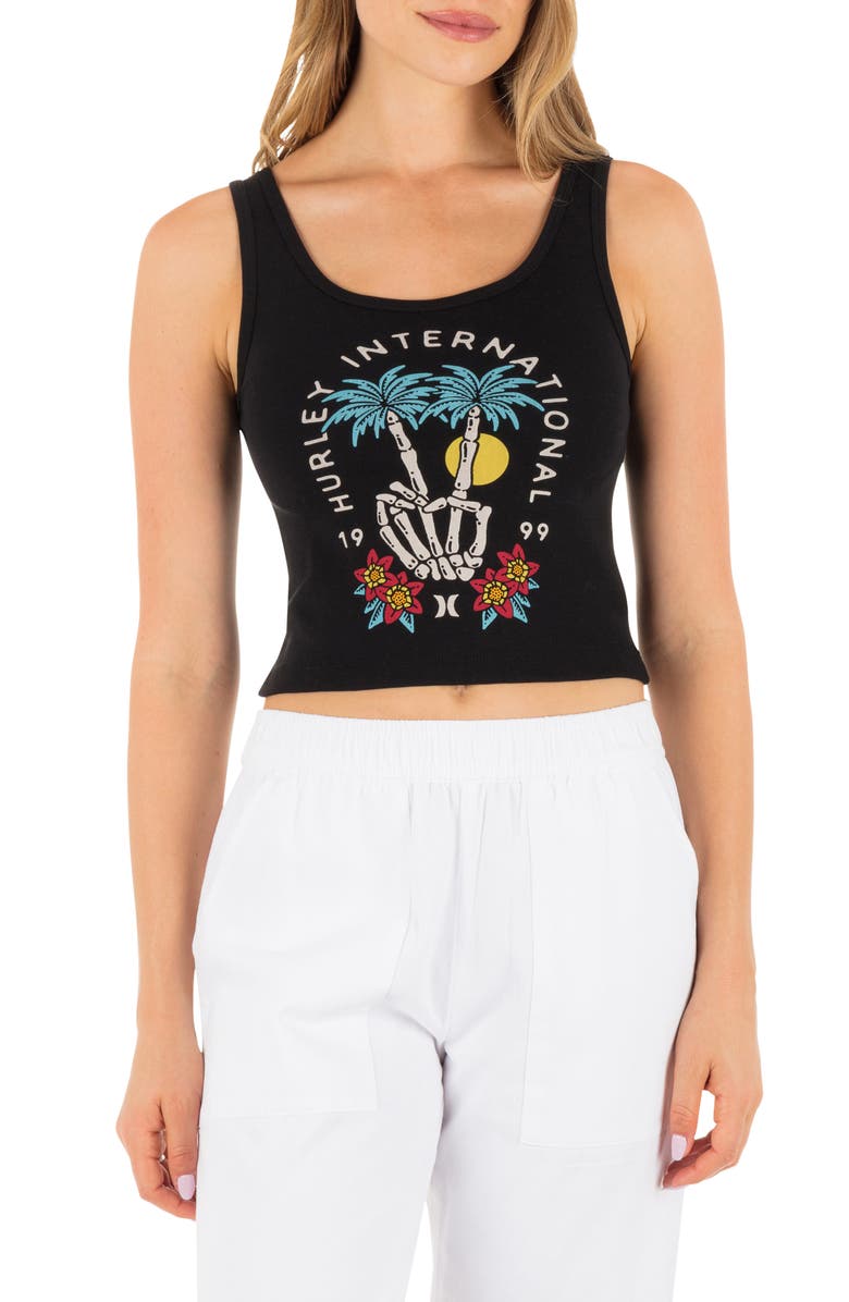 Hurley Peacebone Crop Cotton Graphic Tank, Main, color, Black
