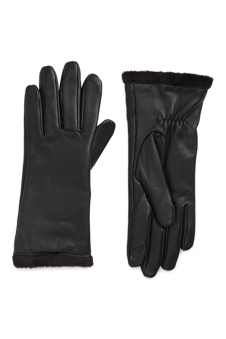 Faux Fur Lined Tech Leather Gloves, Main, color, CAVIAR