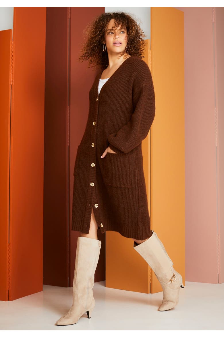 Midi Length Button Down Cardigan, Alternate, color, REDWOOD BURL