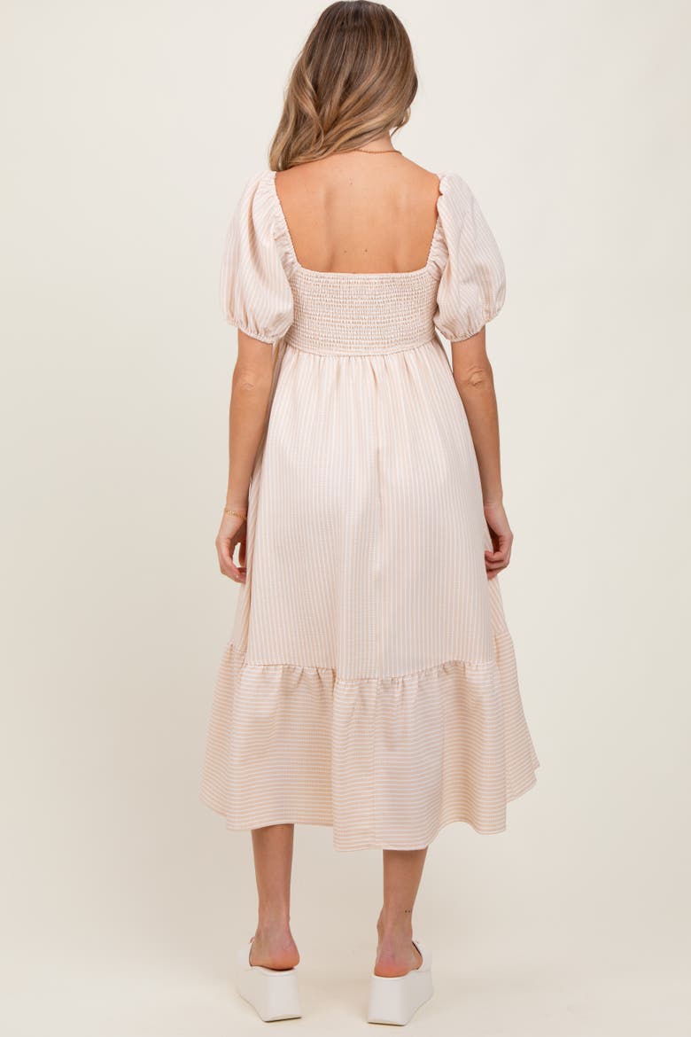 Sweetheart Stripe Smocked Back Midi Dress, Alternate, color, Beige