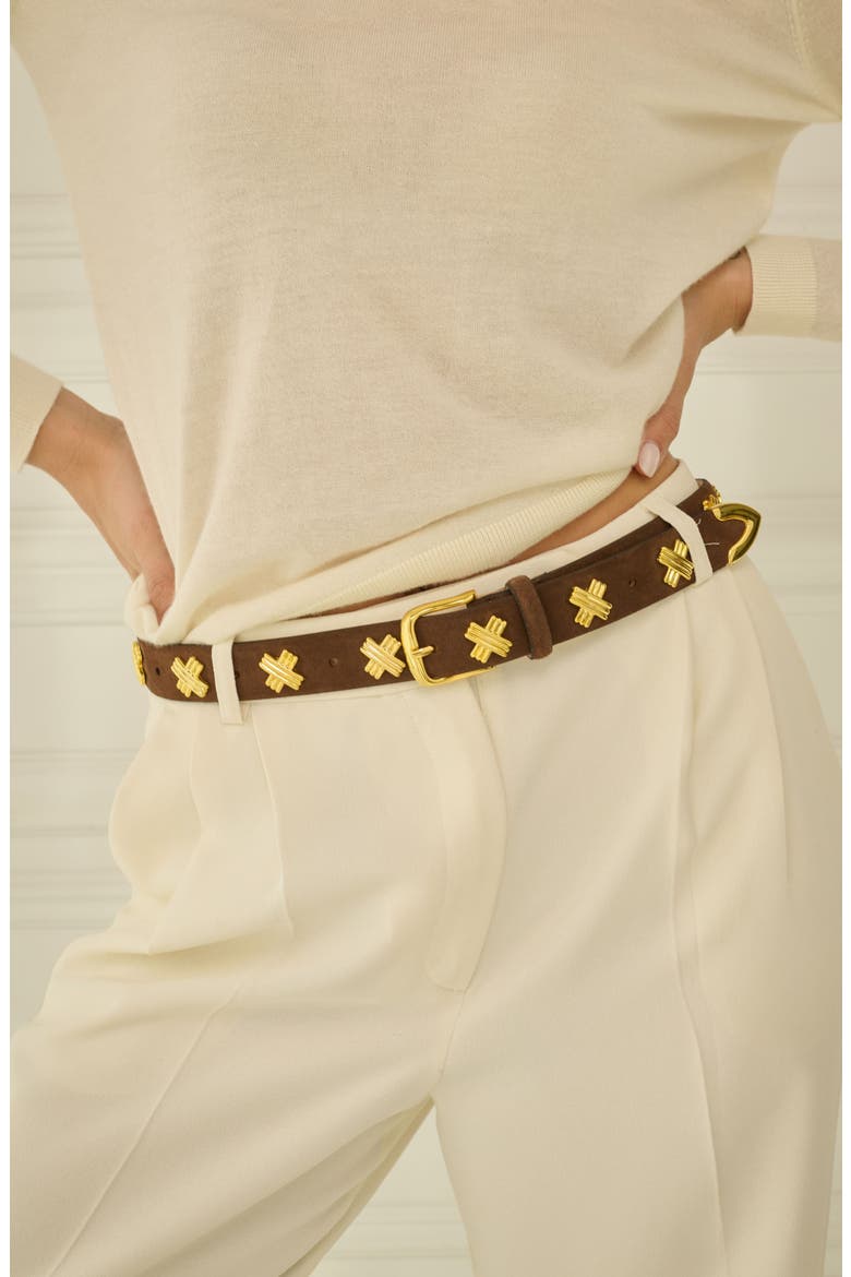 X-Stud Belt, Alternate, color, CHOCOLATE SUEDE/ GOLD