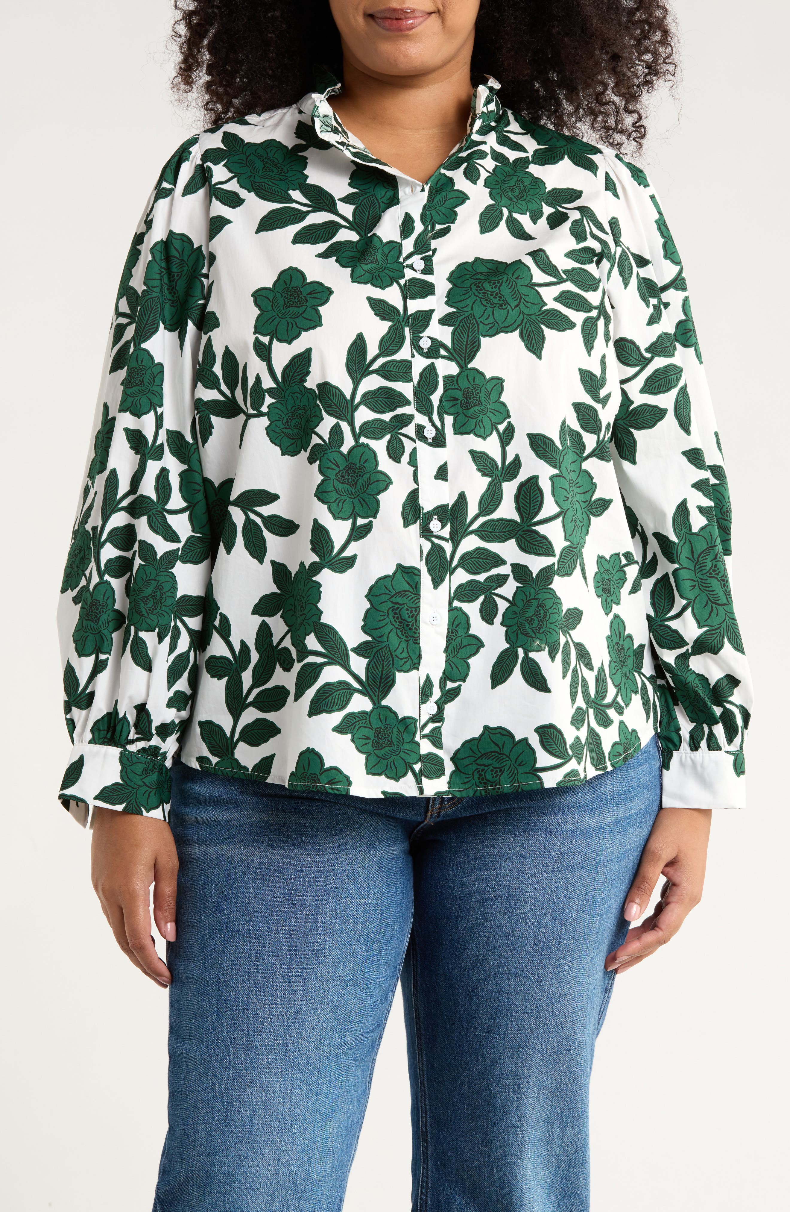 Kane Floral Cotton Ruffle Button-Up Shirt