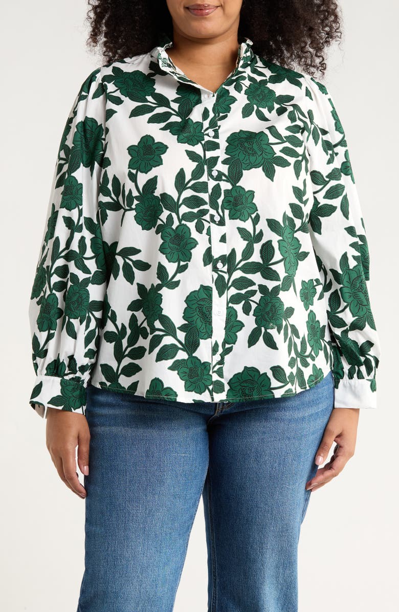 SUGARLIPS Kane Floral Cotton Ruffle Button-Up Shirt, Main, color, White-Forest