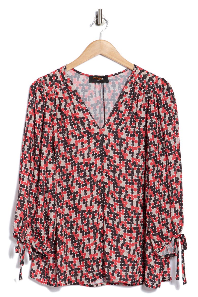 Dot Print Balloon Sleeve Top, Alternate, color, RED
