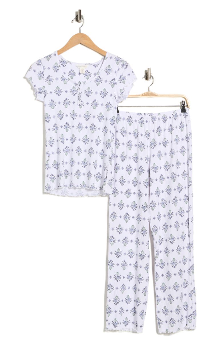 Laura Ashley Foulard Print Ribbed Henley & Pants Pajamas, Main, color, Blue Foulard