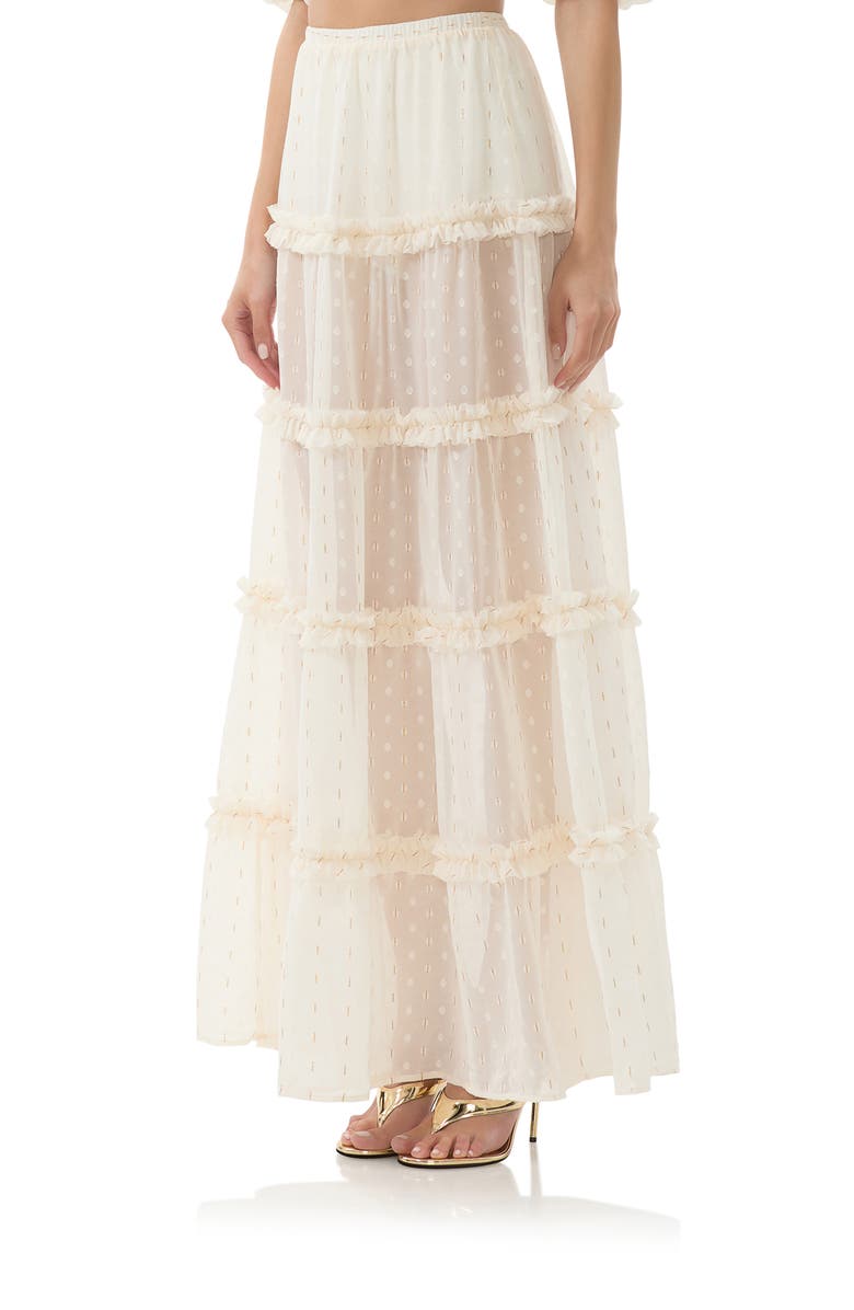 AFRM Sabina Clip Dot Tiered Maxi Skirt, Alternate, color, Gardenia