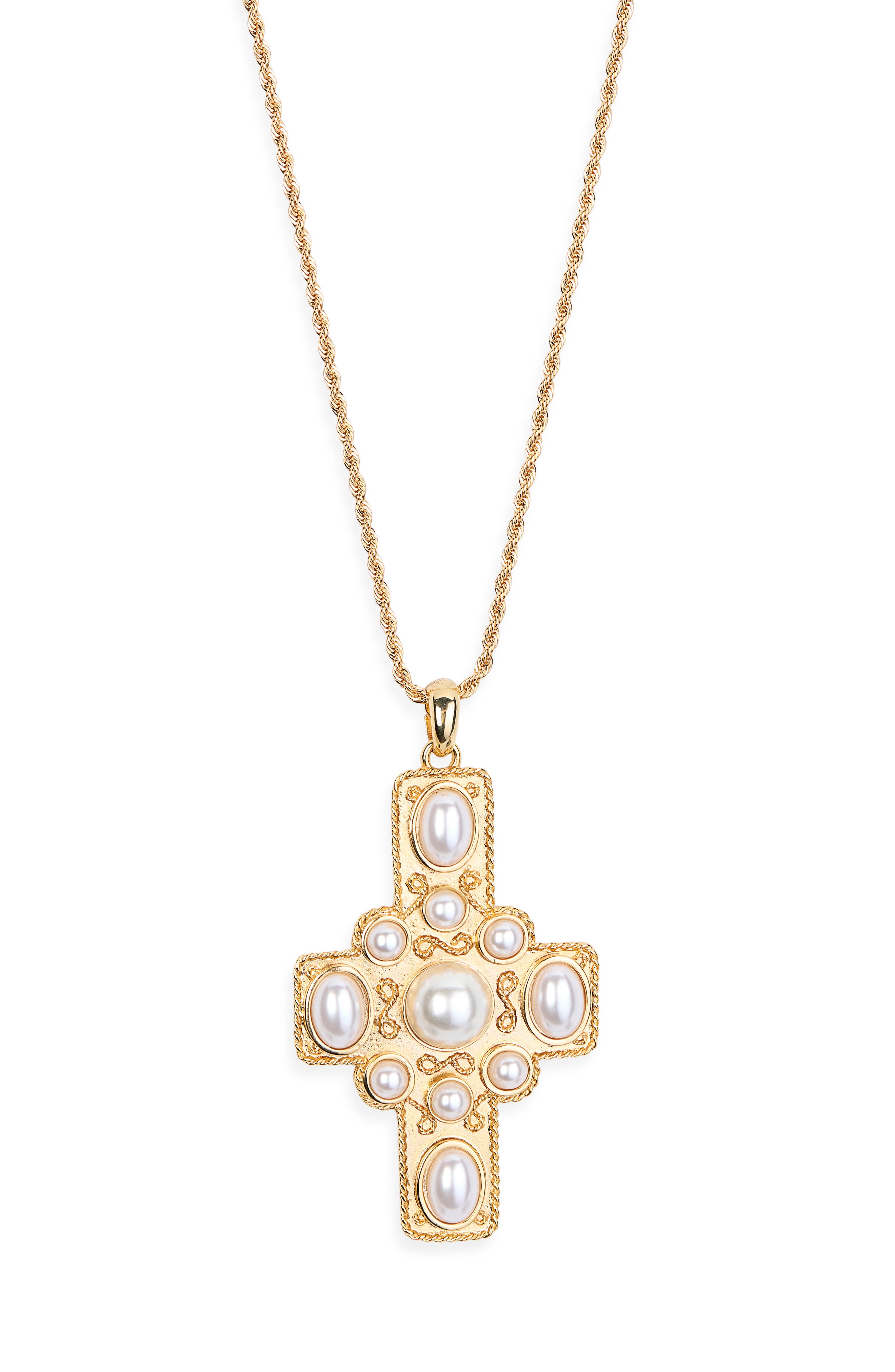 Kenneth Jay Lane Faux Pearl Cross Pendant Necklace