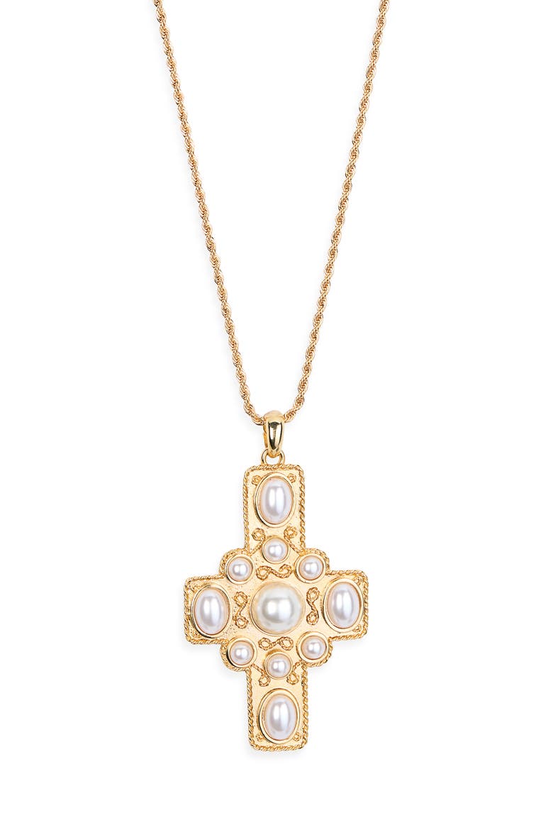 Faux Pearl Cross Pendant Necklace, Main, color, GOLD