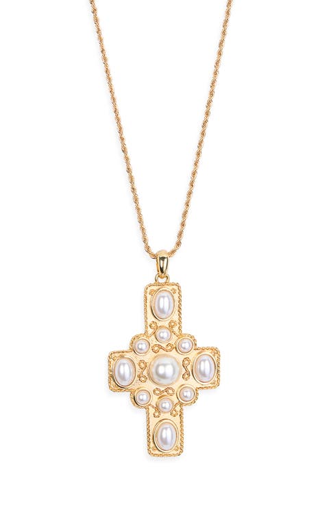 Faux Pearl Cross Pendant Necklace