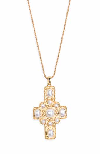Faux Pearl Cross Pendant Necklace