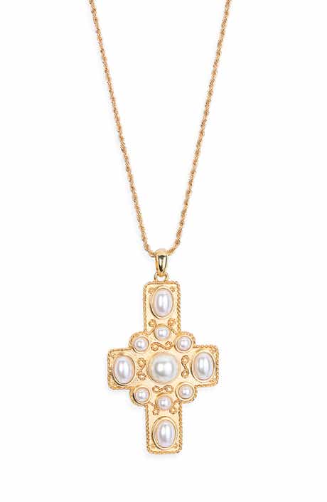 Kenneth Jay Lane Faux Pearl Cross Pendant Necklace