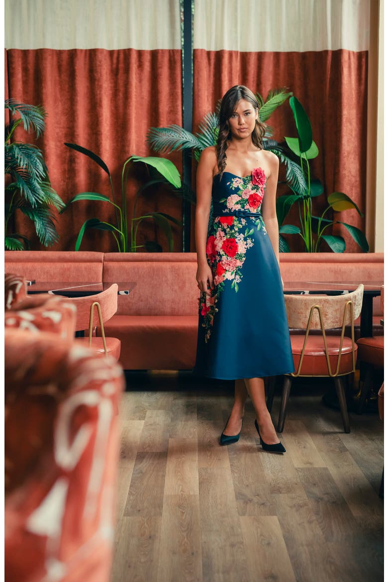 Placed Floral Appliqué Strapless Cocktail Dress, Alternate, color, NAVY