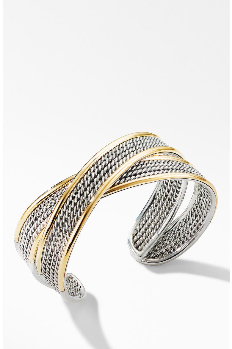 Origami Narrow Crossover Cuff Bracelet with 18K Yellow Gold, Alternate, color, SILVER/ YELLOW GOLD