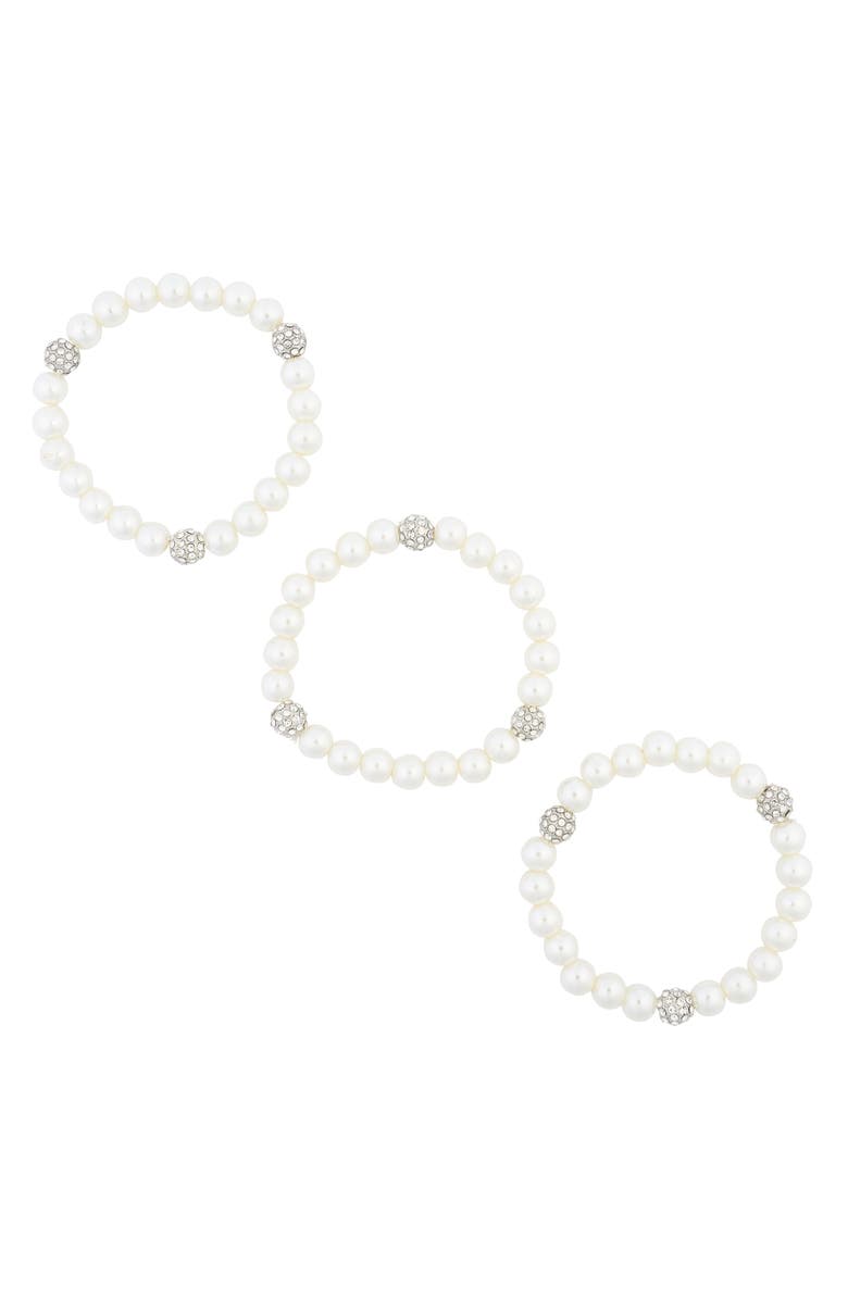 Tasha Crystal Ball Imitation Pearl Stretch Bracelet Set, Main, color, Silver/ Ivory