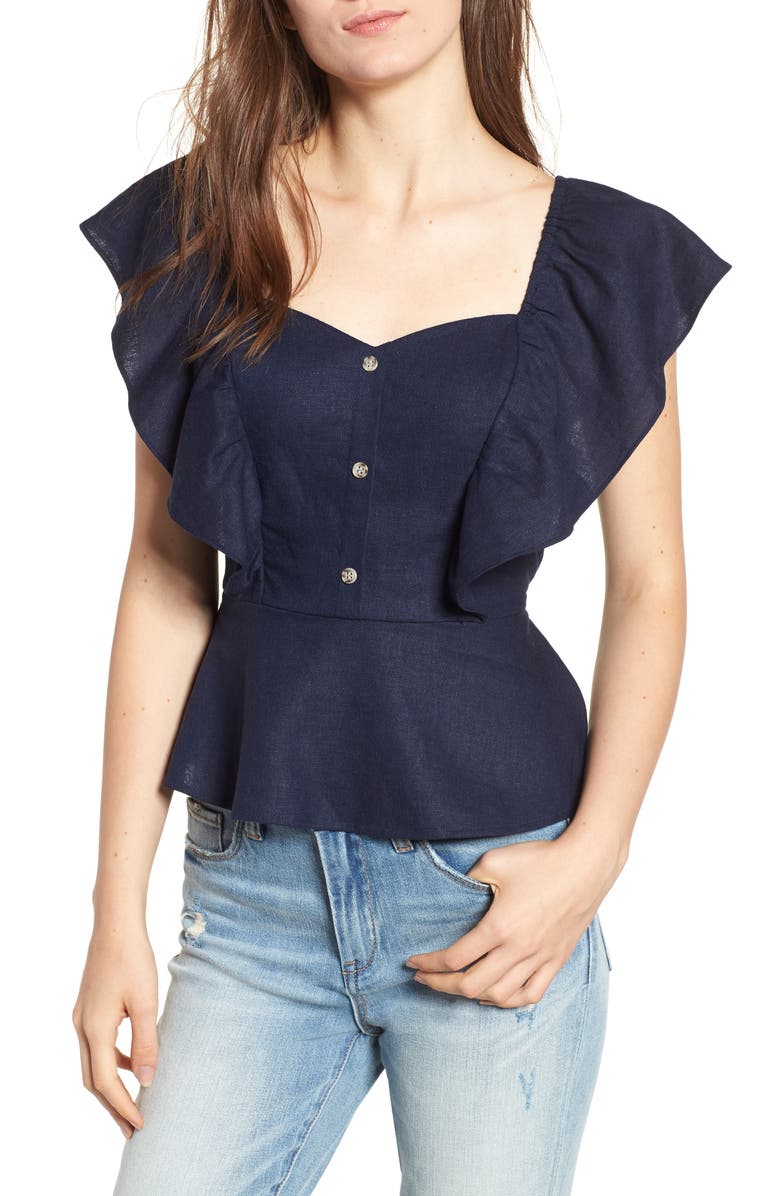 BP. Flutter Sleeve Peplum Linen Blend Top, Main, color, 