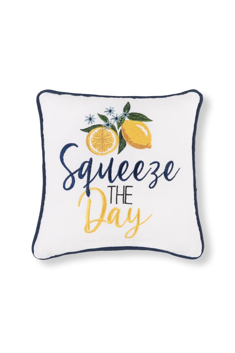 "Squeeze The Day" Lemon Fruit Cotton Blend Mini Accent Pillow 10" x 10", Main, color, White