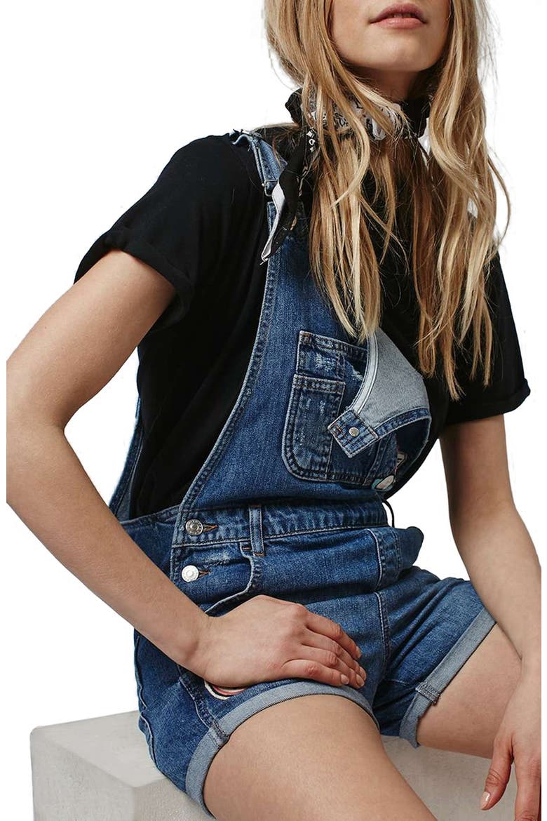 Badge Short Overalls, Alternate, color, MID DENIM