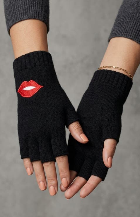 Cashmere fingerless gloves with lips design