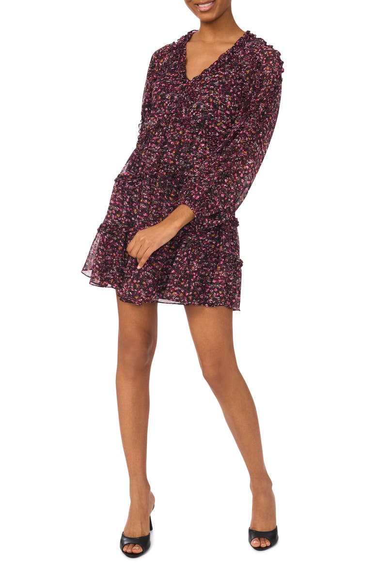 Floral Long Sleeve Tiered Dress, Main, color, RICH BLACK