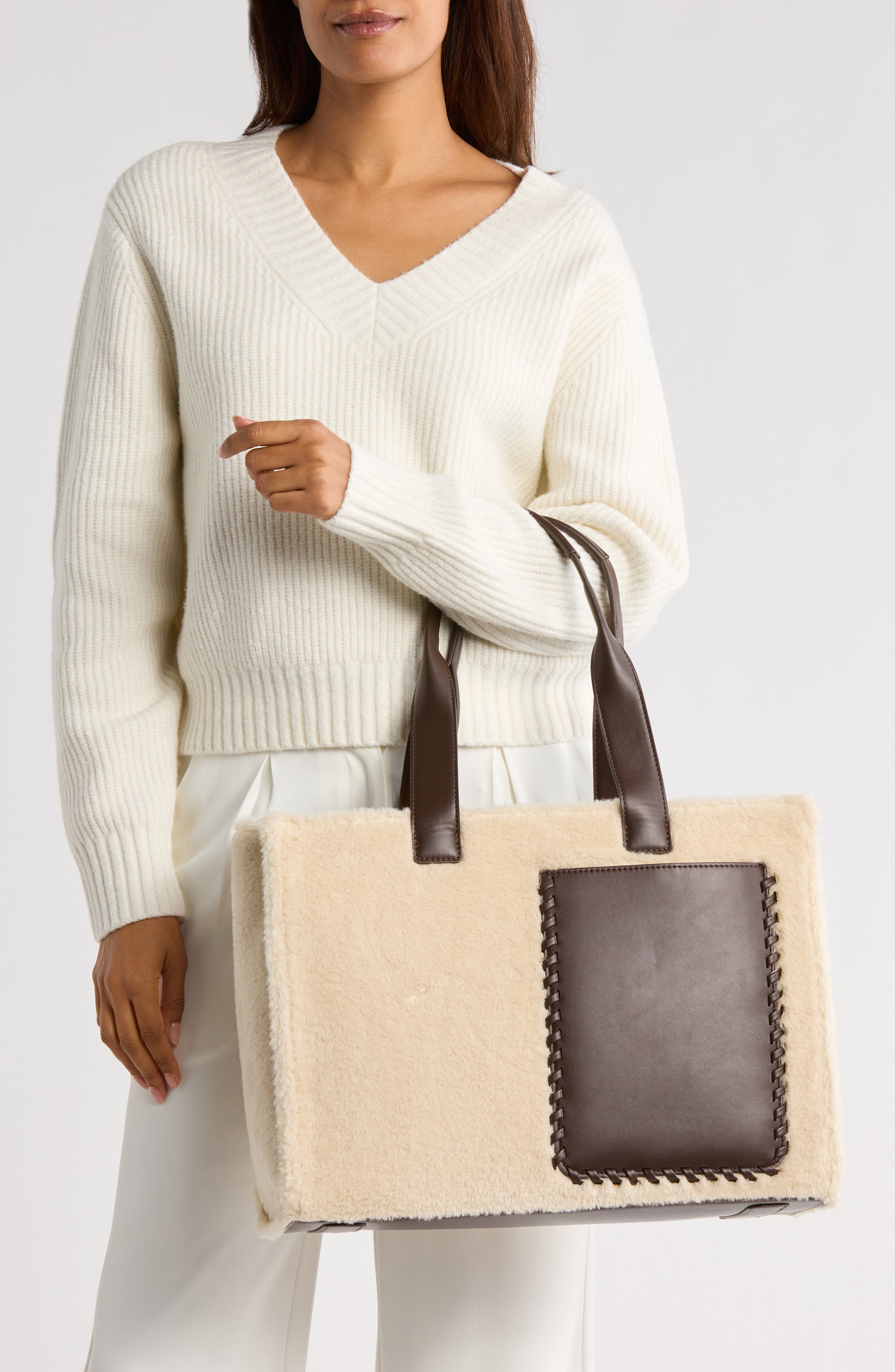 BCBG Whipstitch Faux Shearling Tote Bag with Pouch, Alternate, color, Cream Chocolate