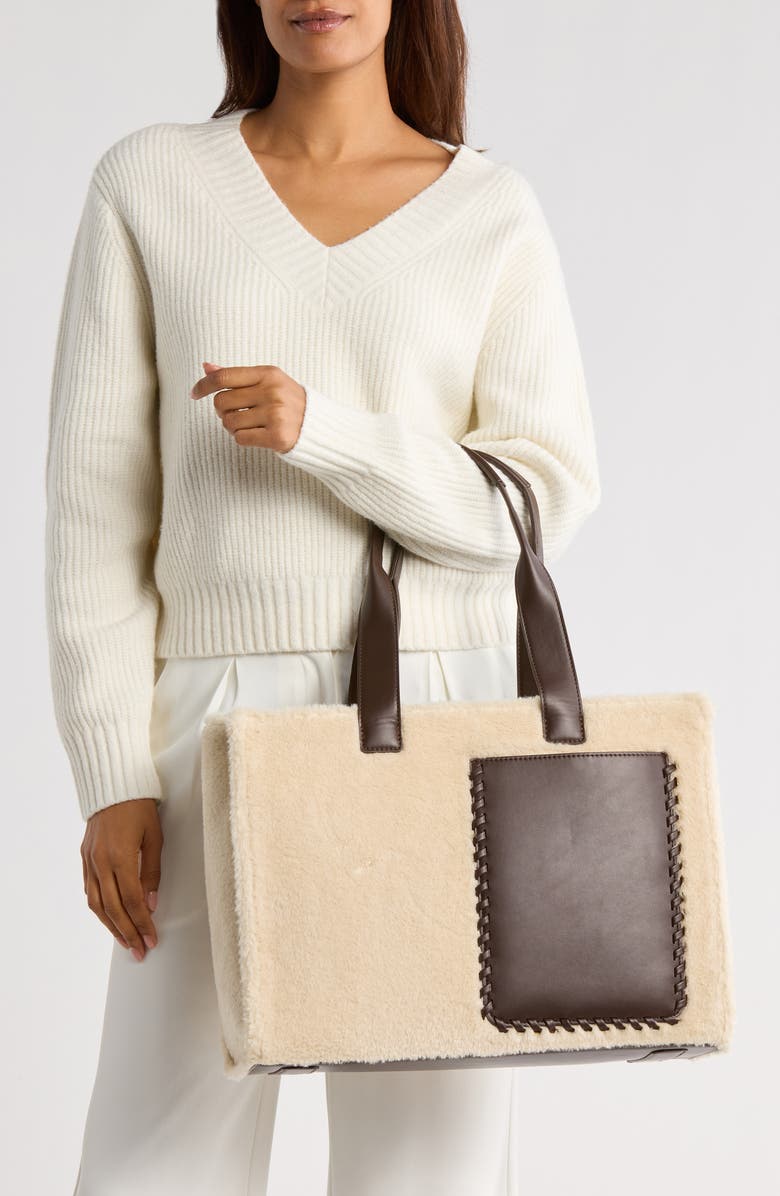 BCBG Whipstitch Faux Shearling Tote Bag with Pouch, Alternate, color, Cream Chocolate