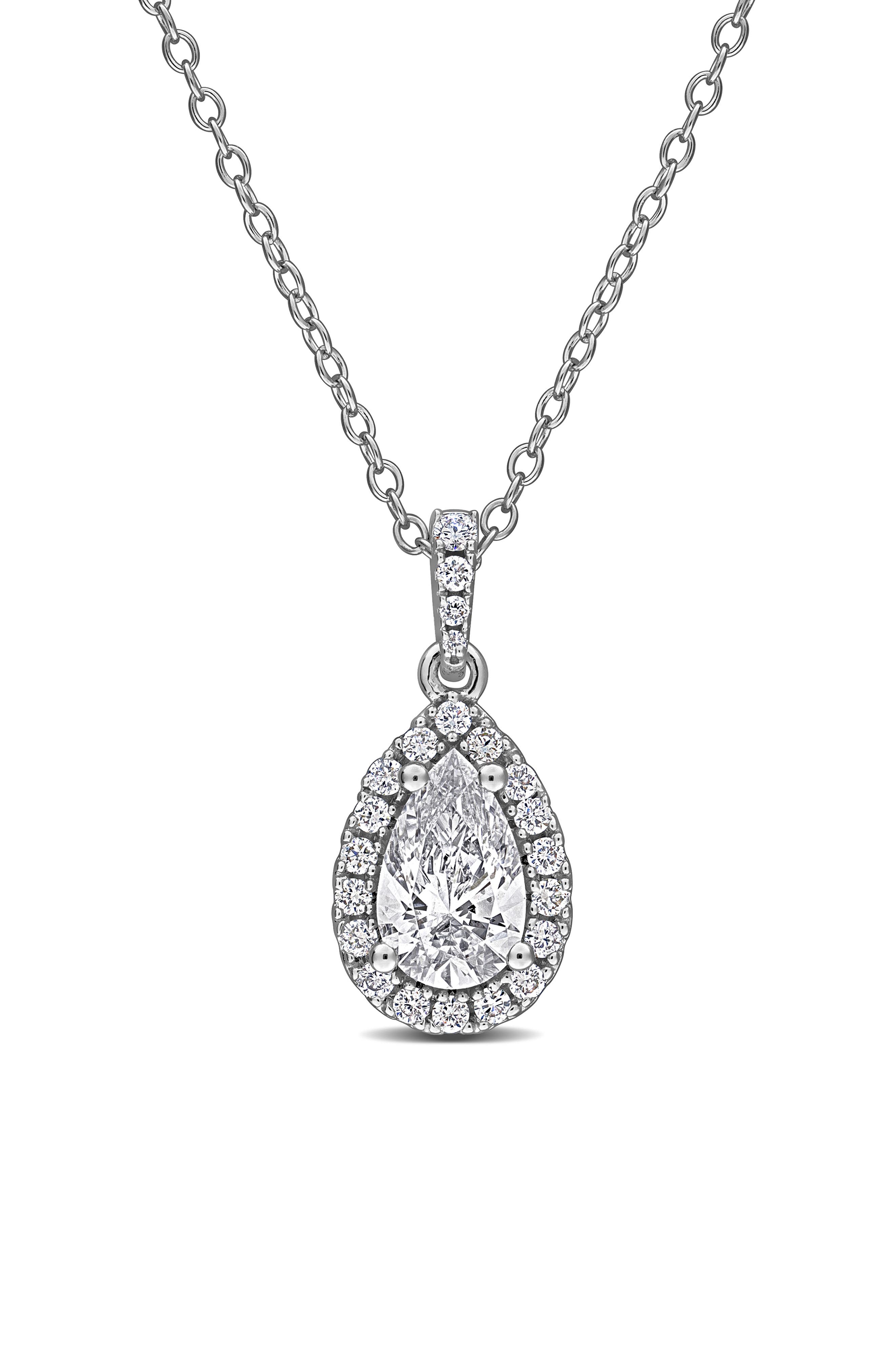 Created Forever Sterling Silver Pear Cut Lab Grown Diamond Halo Pendant Necklace