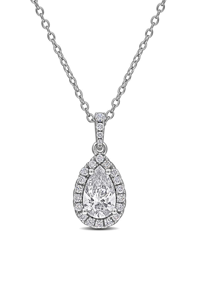 Created Forever Sterling Silver Pear Cut Lab Grown Diamond Halo Pendant Necklace, Main, color, White