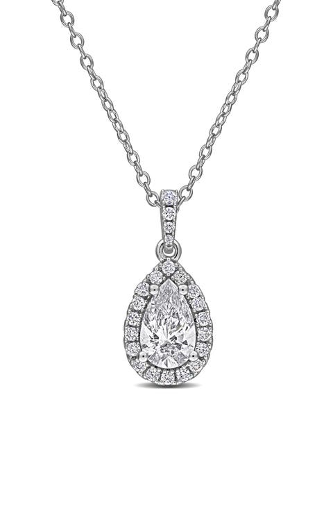 Sterling Silver Pear Cut Lab Grown Diamond Halo Pendant Necklace