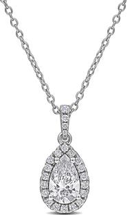 Created Forever Sterling Silver Pear Cut Lab Grown Diamond Halo Pendant Necklace