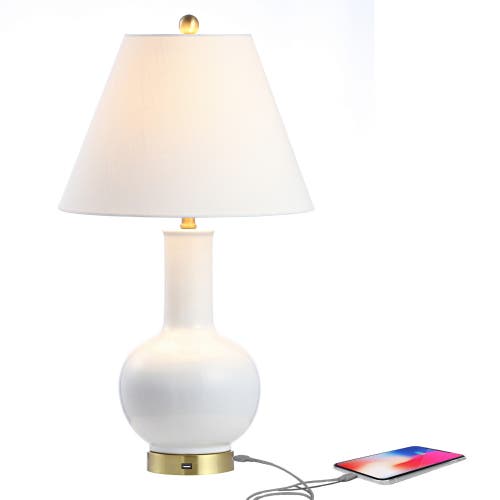 Jonathan Y Han 27" Ceramic/iron Contemporary Usb Charging Led Table Lamp, White/brass Gold In White/brass Gold