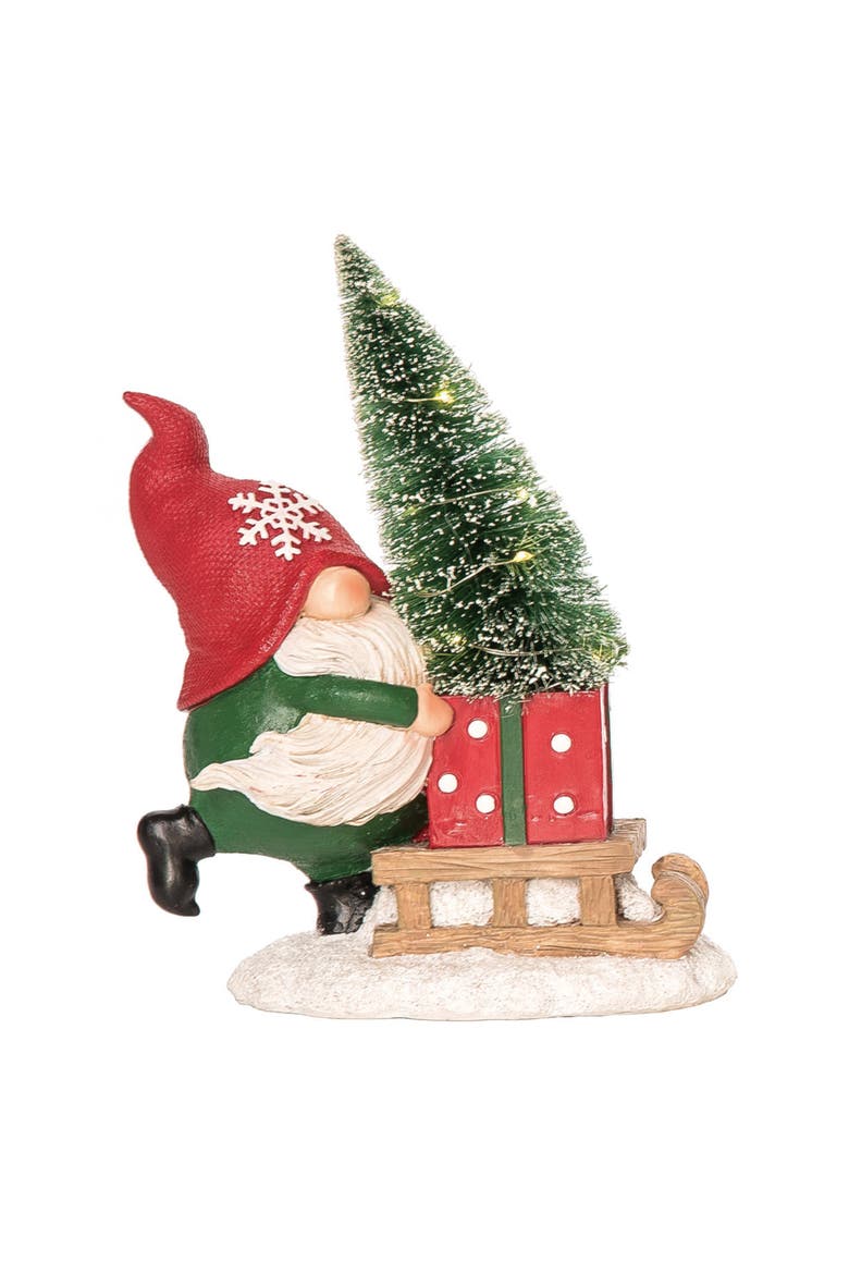 Multicolored Christmas Light Up Gnome and Bottle Brush Figurine, Main, color, Multi