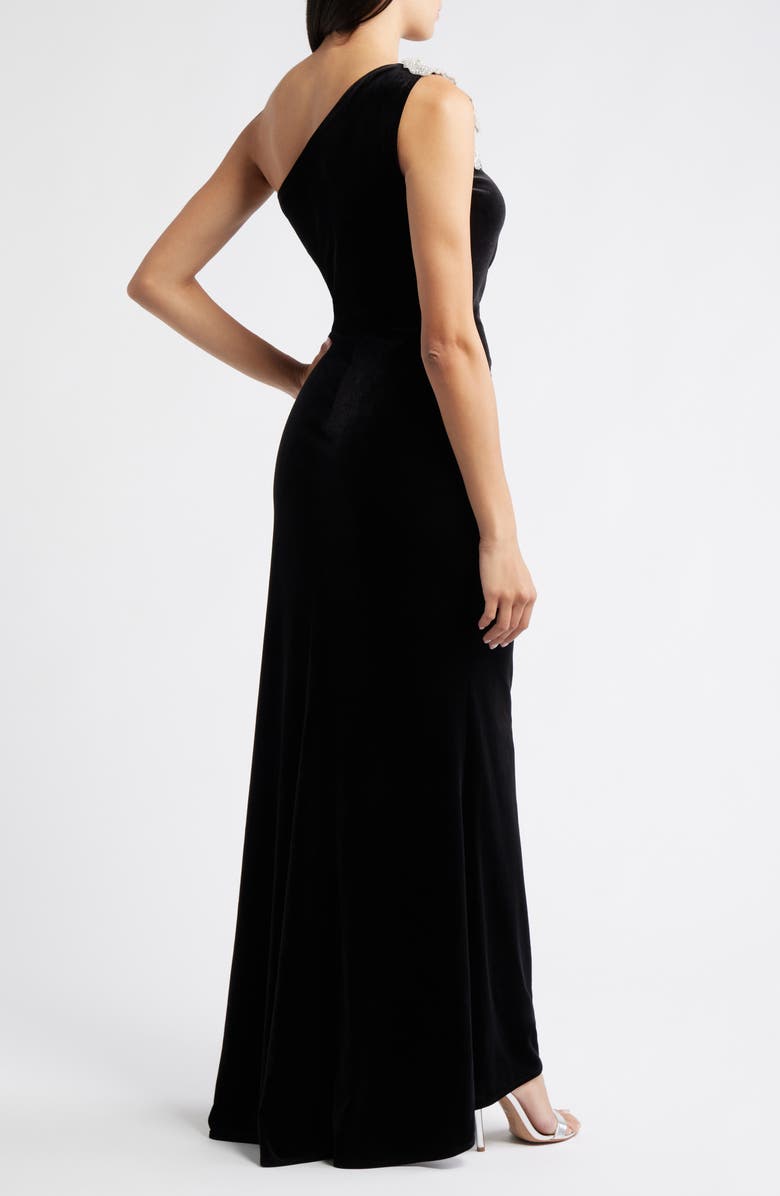 Eliza J Side Tuck One-Shoulder Velvet Gown, Alternate, color, Black