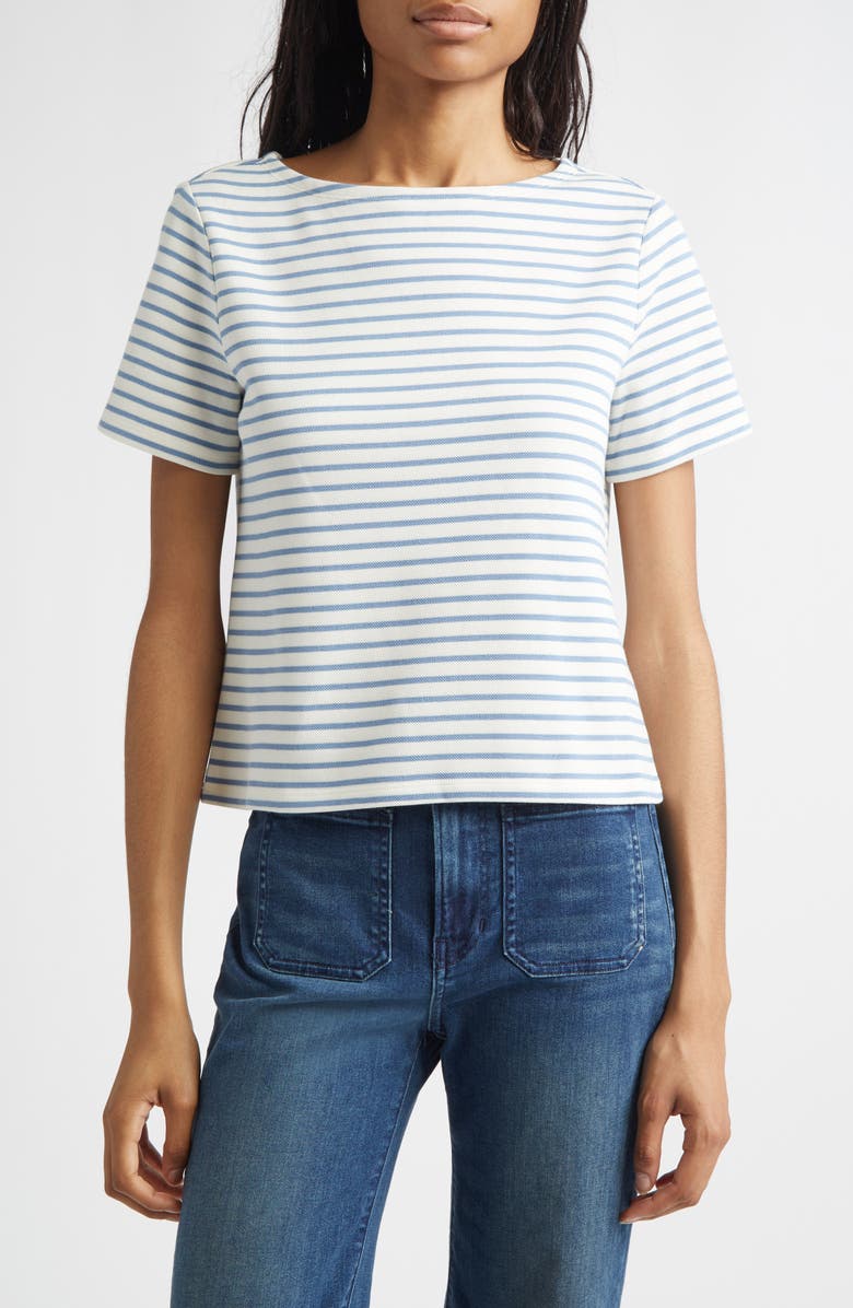 Veronica Beard Hovey Stripe Boat Neck T-Shirt, Main, color, Dove Lake Mist