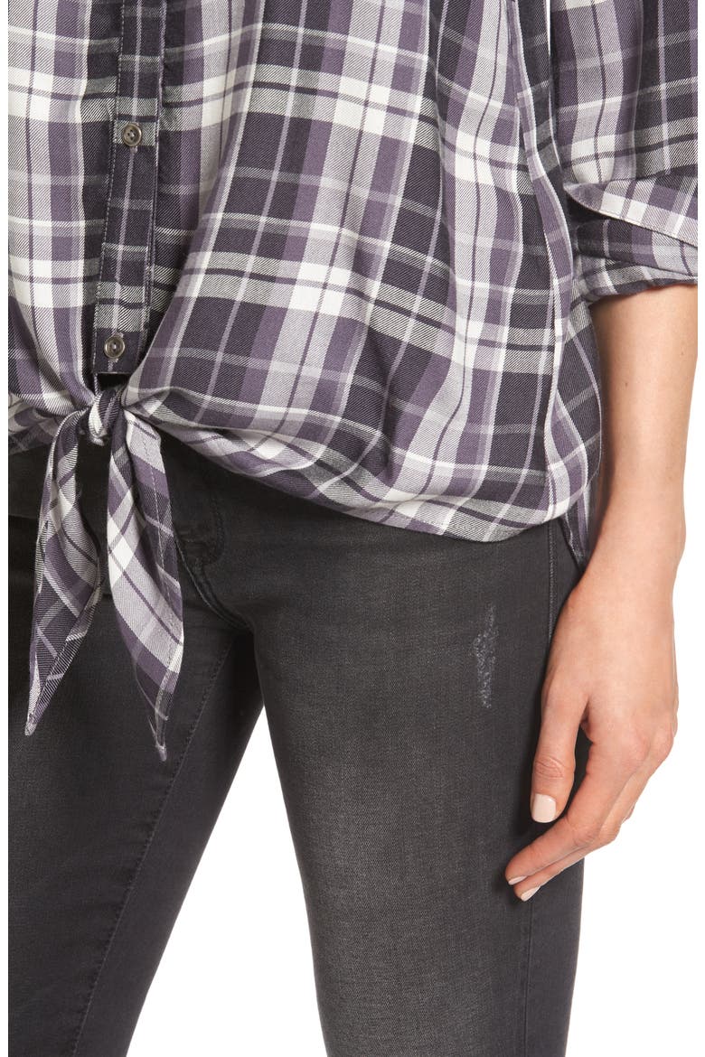 Tie Front Plaid Shirt, Alternate, color, GREY/ BLACK PLAID
