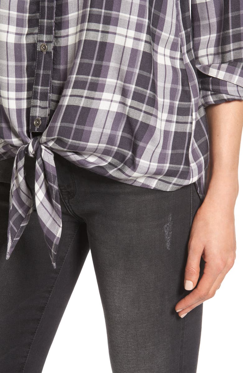 Bobeau Tie Front Plaid Shirt, Alternate, color,