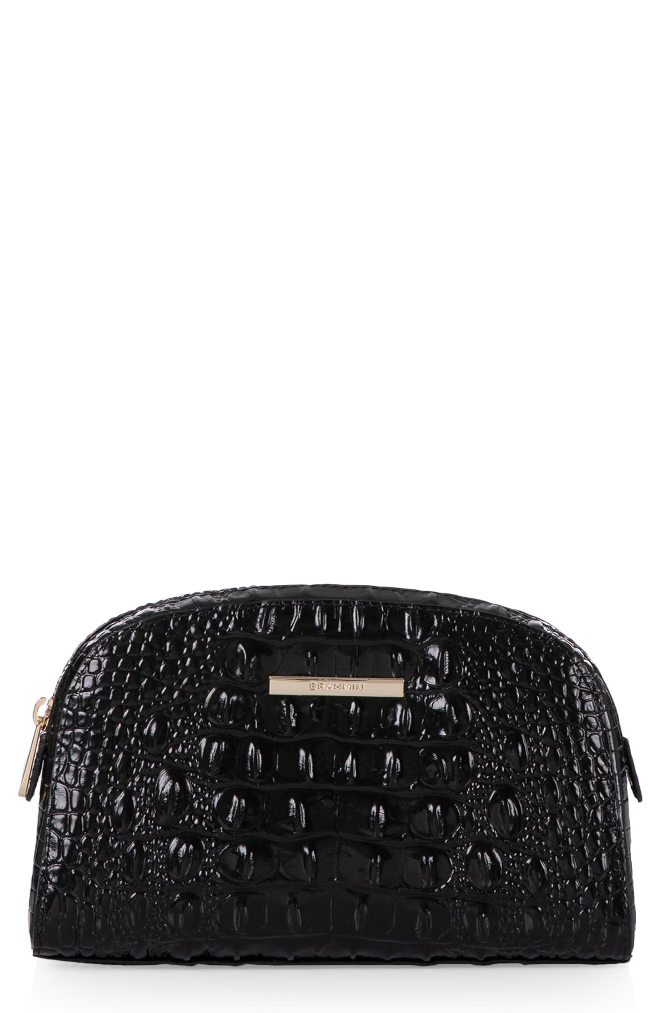 Dany Croc Embossed Leather Cosmetics Pouch, Main, color, BLACK
