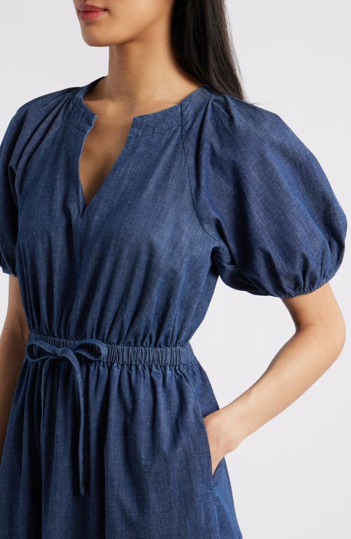 Anne Klein Petite Puff-sleeve Tiered Denim Midi Dress In Blue
