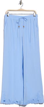 Ellen Tracy Embroidered Eyelet Hem Wide Leg Pull-On Pants
