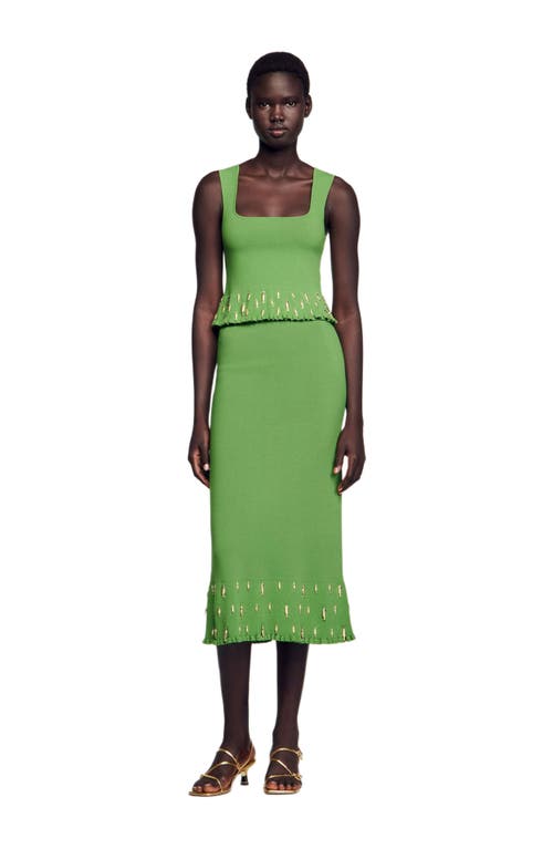 Sandro Knitted Embellished Midi Skirt In Green