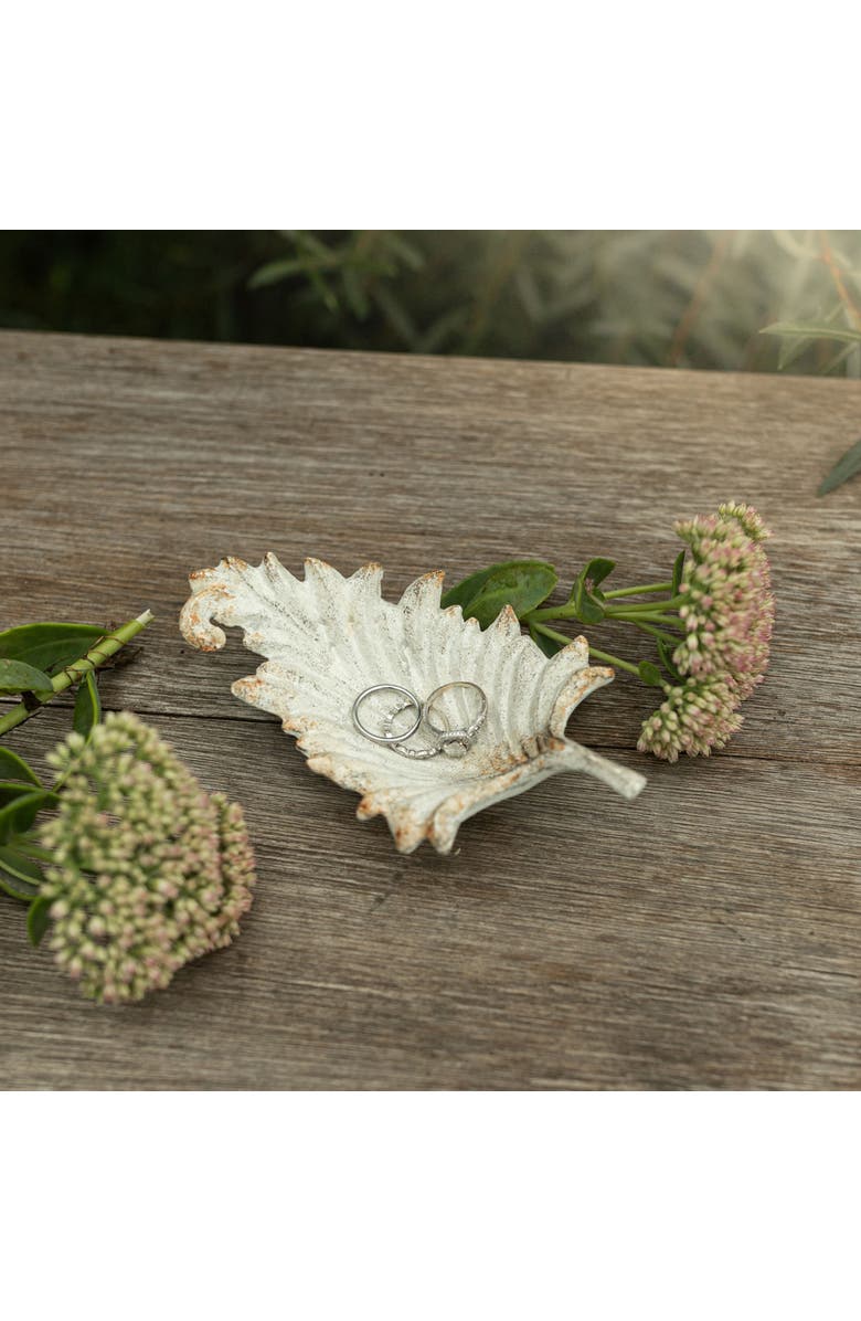 Foreside Home and Garden Leaf Trinket Dish Antique White Cast Iron, Alternate, color, White