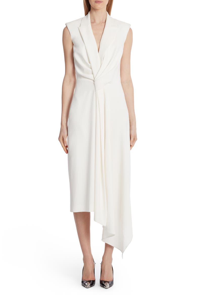 Alexander McQueen Gathered Asymmetrical Midi Sheath Dress, Main, color, LIGHT IVORY