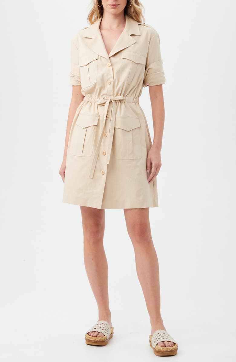 Trina Turk Tasha Drawstring Waist Shirtdress, Main, color, Biscotti
