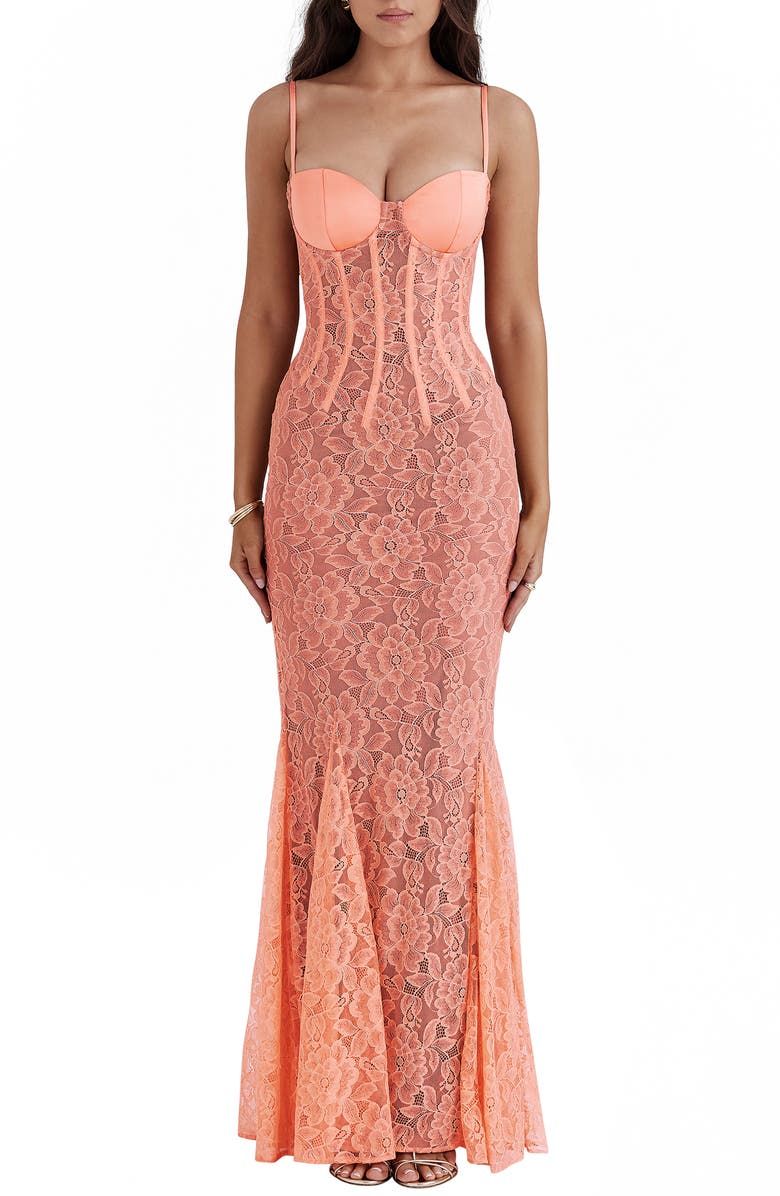 HOUSE OF CB Cordelia Lace Corset Mermaid Gown, Main, color, Papaya Punch