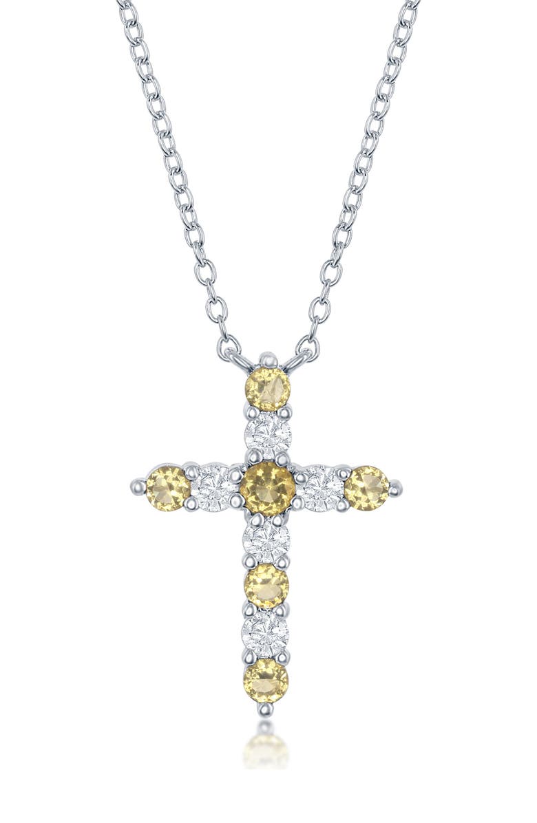 SIMONA Sterling Silver Citrine & White Cubic Zirconia Cross Pendant Necklace - November Birthstone, Main, color, 