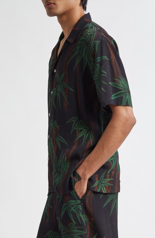 Endless Joy Bamboo Print Crepe Button-up Shirt In Black