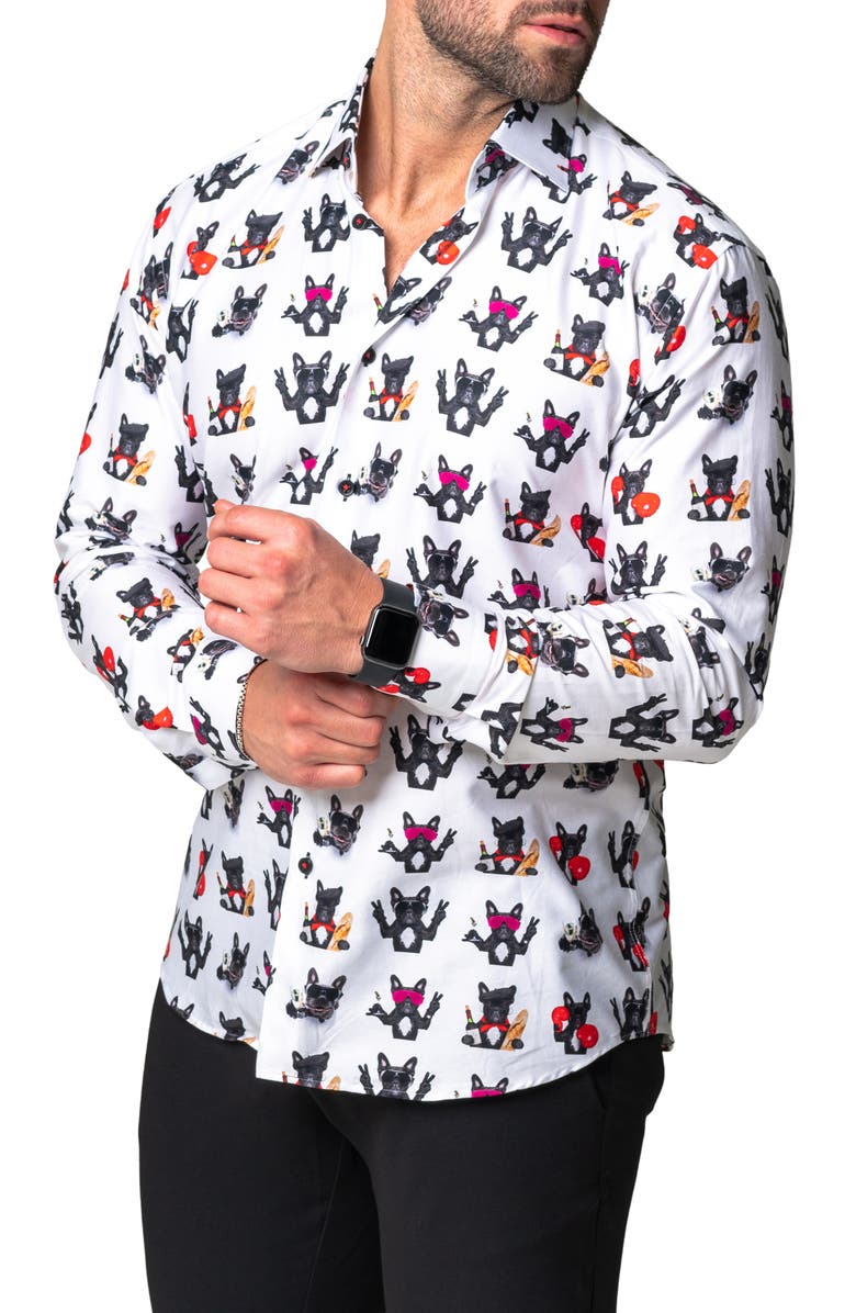 Maceoo Fibonacci Dog French Regular Fit Cotton Blend Button-Up Shirt, Alternate, color, White