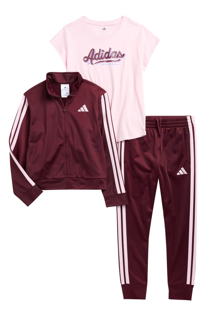 adidas Kids' Logo T-Shirt, Tricot Track Jacket & Joggers Set, Main, color, Maroon