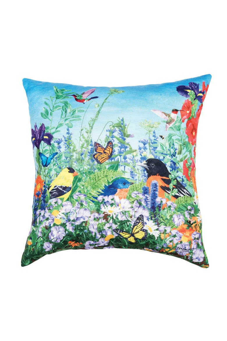 Bird Garden Paradise HD Printed Indoor/Outdoor Accent Throw Pillow 18" x 18", Main, color, Blue