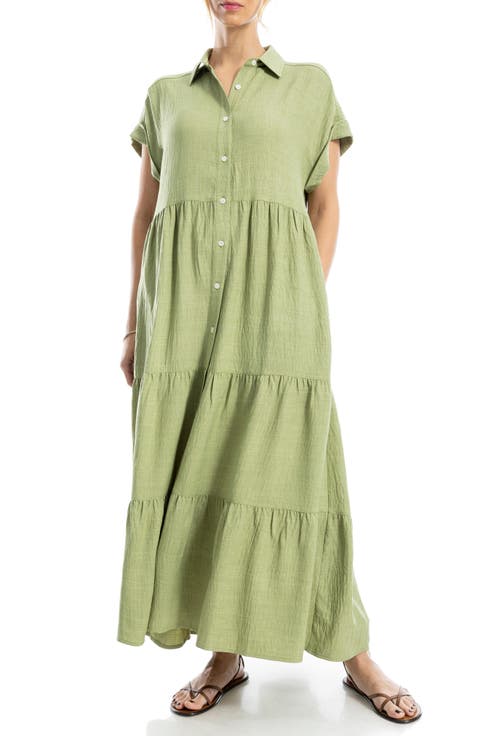 Short Sleeve Tiered Maxi Shirtdress