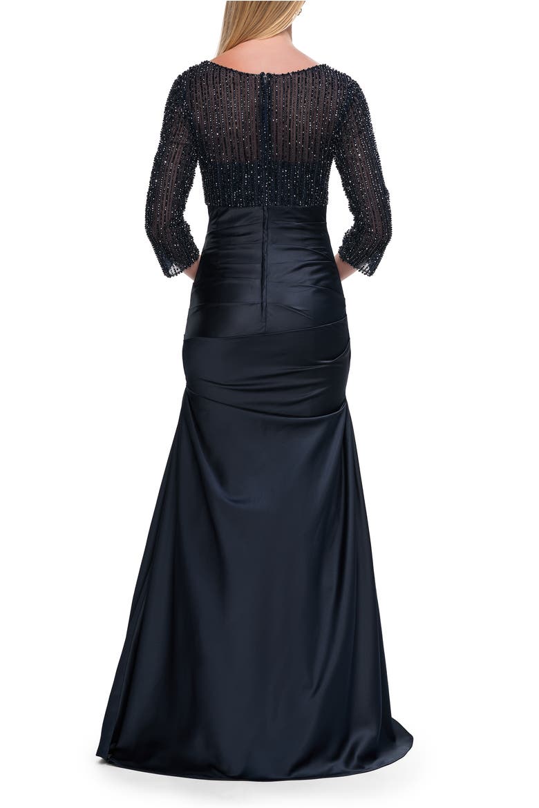 Beaded Bodice Satin Gown with Three-Quarter Sleeves, Alternate, color, Navy